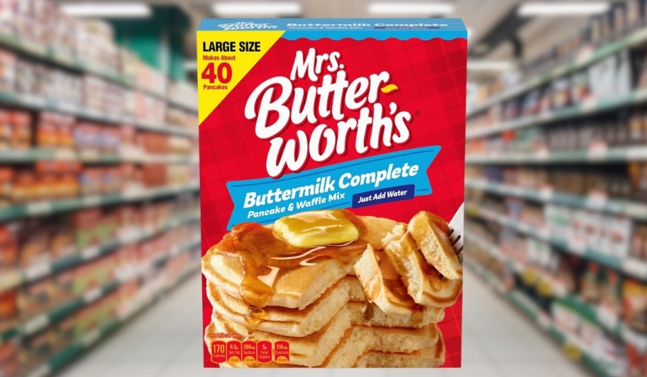 a box of mrs butterworths pancake and waffle mix