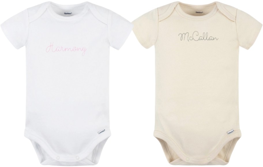 two personalized onesies in white and ivory