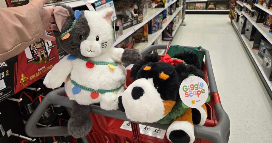two christmas gigglescape plushies in cart in store