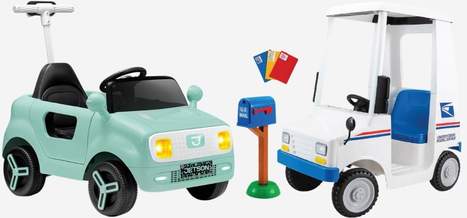 green powere assisted ride on push car and US mail truck ride on