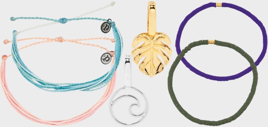 2 string bracelets, 2 charms, and two stretch bracelets