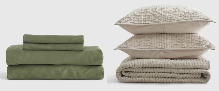 green sheets in a stack, beige quilt in a stack