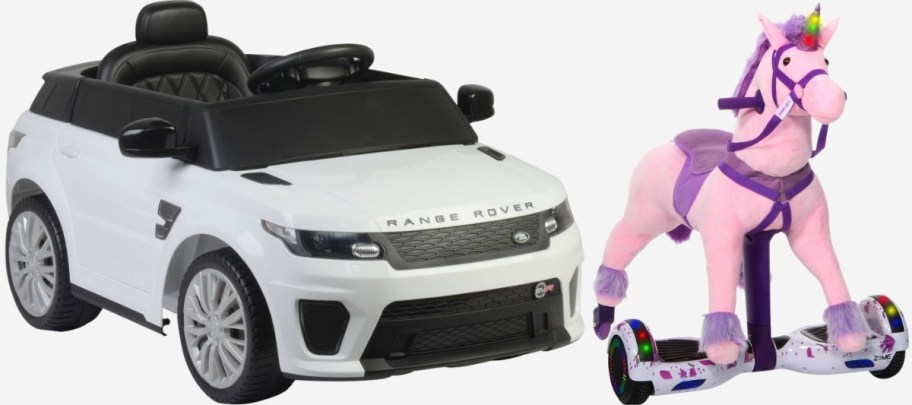 range rover ride on and pink pony ride on