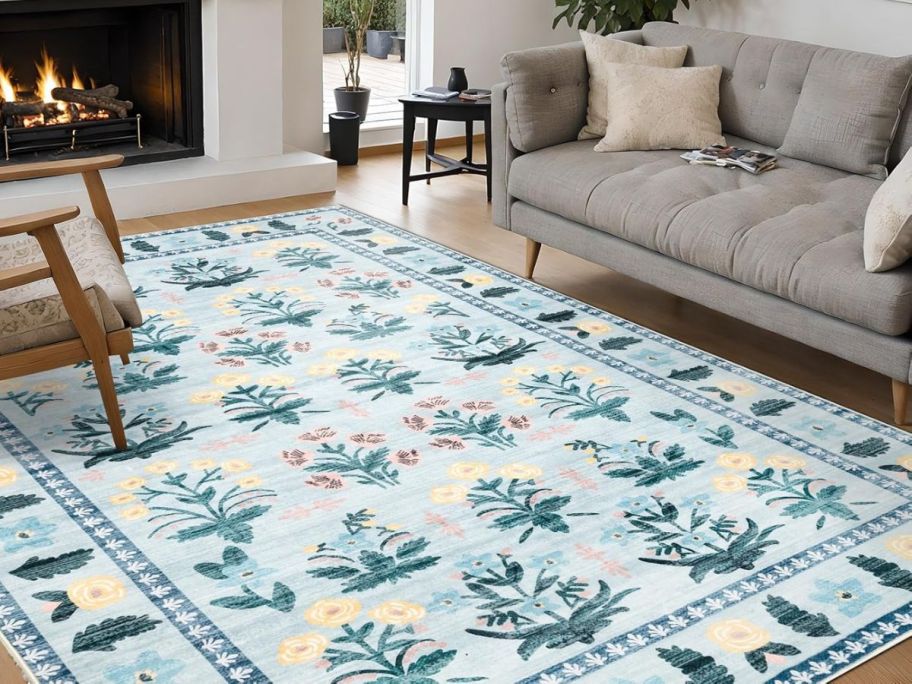 blue floral rug in living room