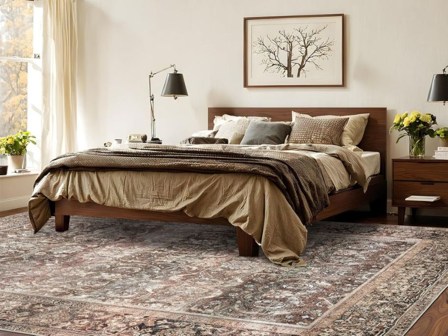 terracotta printed rug in bedroom