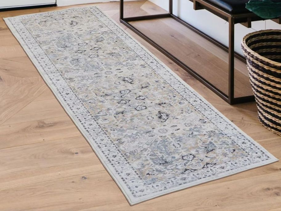 white and grey printed runner in entryway