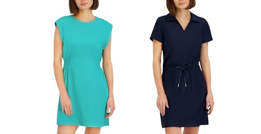 women wearing teal and blue dresses