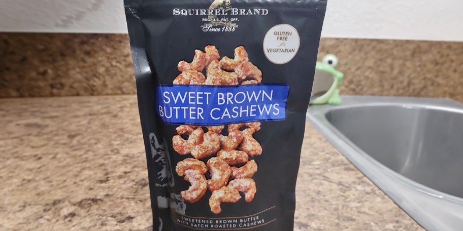 squirrel brand sweet brown butter cashews bag on countertop