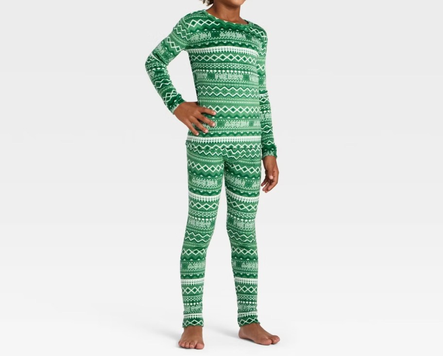 boy modeling green fair isle pajamas