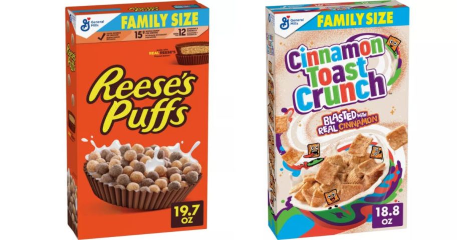 a reese's puffs and cinnamon toast crunch box