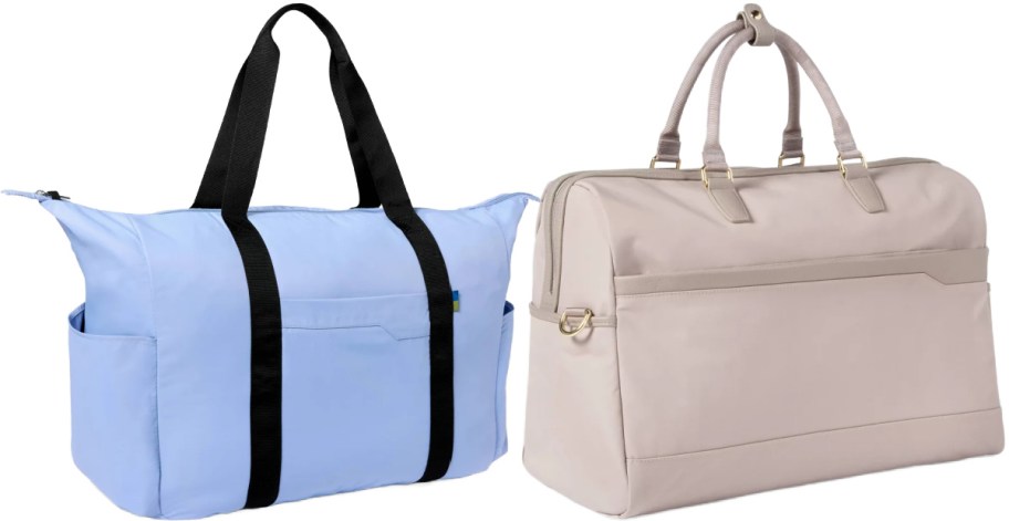 Two bags are displayed: a light blue tote bag with black straps on the left and a beige duffle bag with top handles on the right.