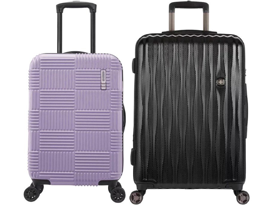 Two suitcases are displayed: one is purple with a textured pattern and the other is black with a wavy design. Both have extendable handles and wheels.