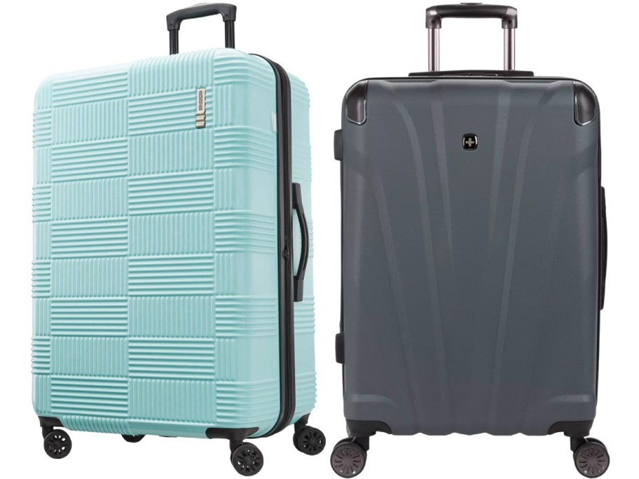 Two suitcases side by side: one is a light blue, textured design, and the other is a sleek dark gray. Both have wheels and extendable handles.