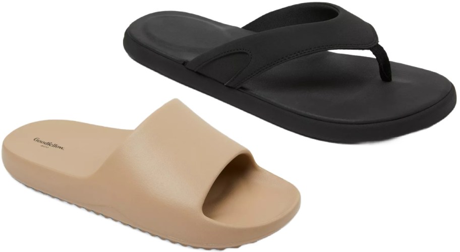A pair of sandals: one black flip-flop style with a thong strap and one beige slide sandal.