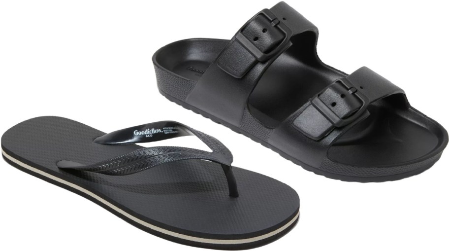 A pair of black sandals: one is a flip-flop style and the other is a slide with two buckle straps.
