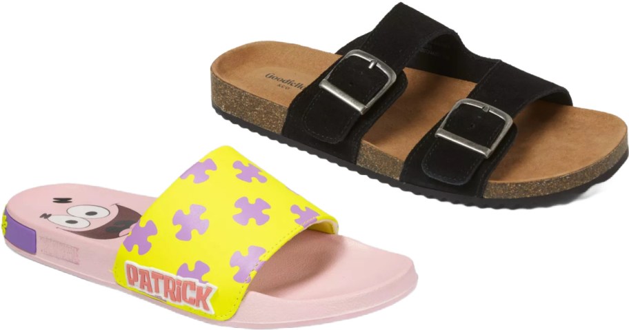 A pair of sandals: one black with two buckles and a brown sole, and the other pink with a yellow strap featuring a cartoon character and purple patterns.