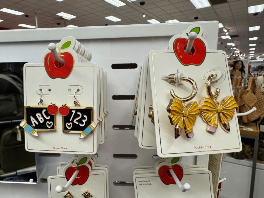 Teacher ABC Chalk Board and Pencil Bow Earrings hanging in store