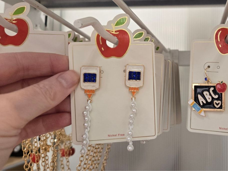 Teacher Glue Bottle w/ Pearls Stud Earrings in hand in store