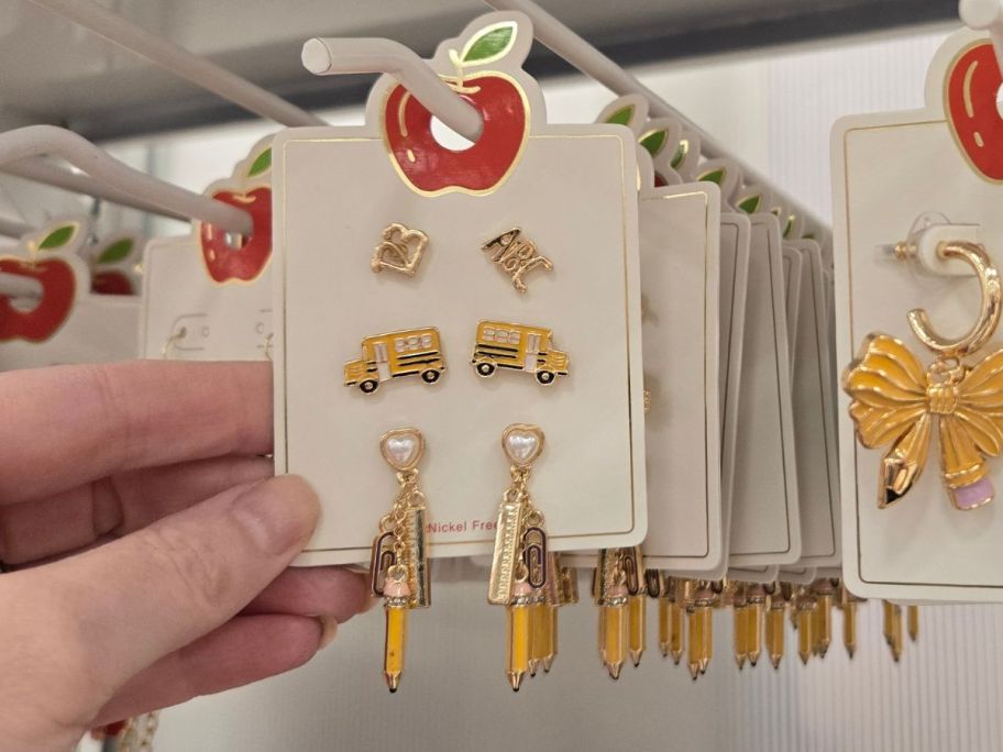 Teacher Icon Charm Stud & Drop Earring 3-Piece Set in hand in store