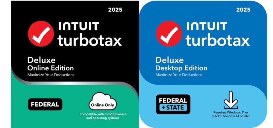 Two product photos of Turbo Tax filing software programs.