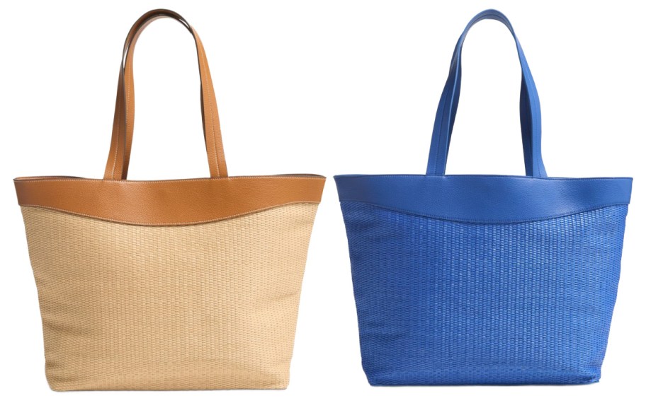 beige and blue straw tote bags