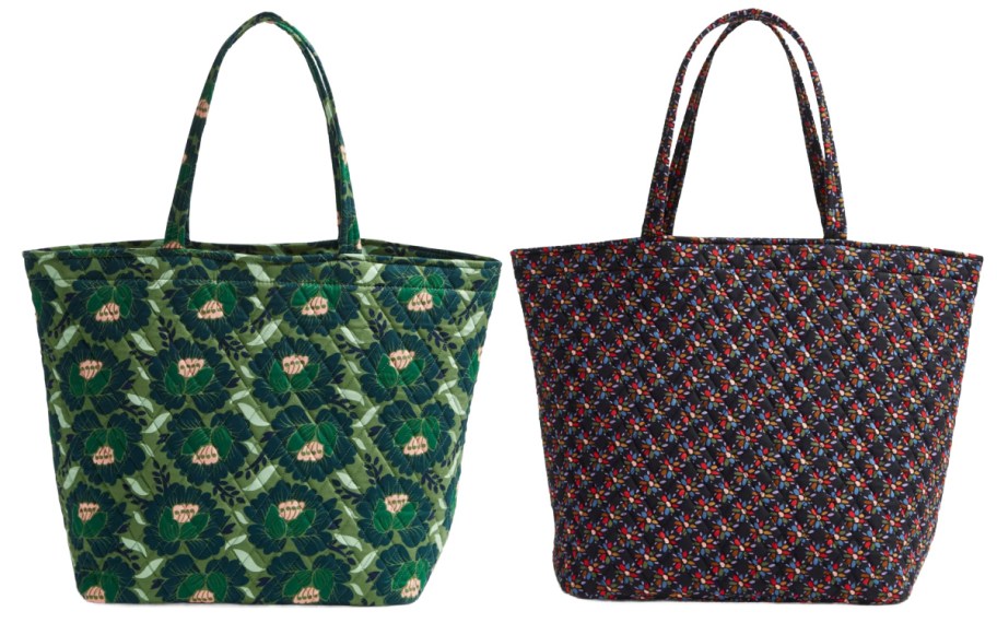 green and dark purple floral tote bags