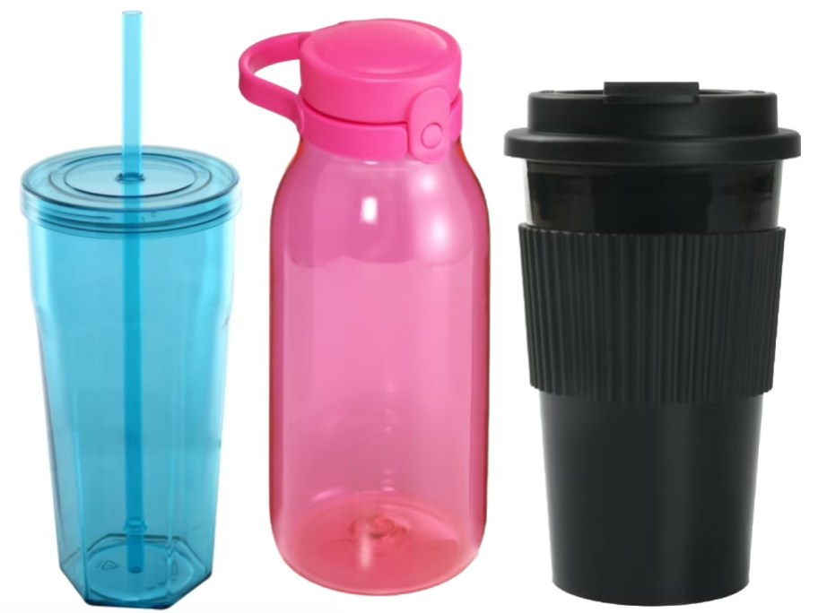 blue tumbler pink bottle and black coffee cup