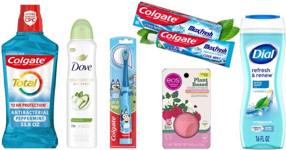 6 personal care items on a white background