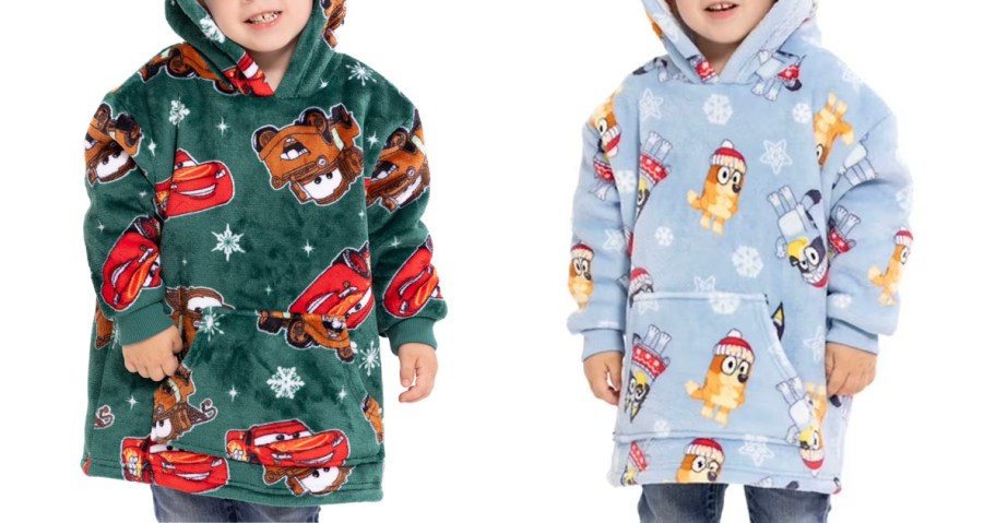 two boys wearing cars and bluey cozy hoodies