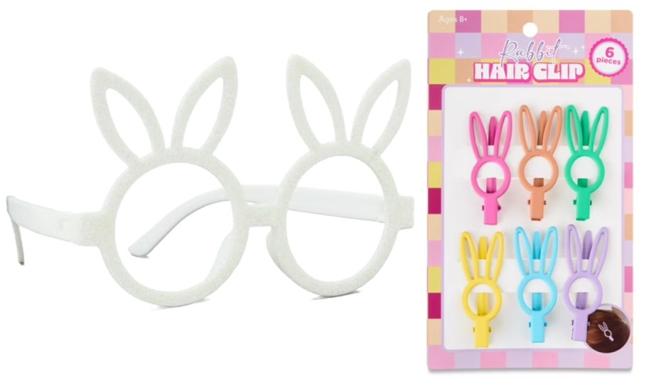 white bunny glasses and bunny hair clips on cardboard 