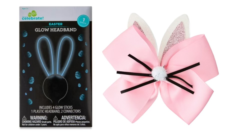 blue glow bunny ears and pink bunny hair clip