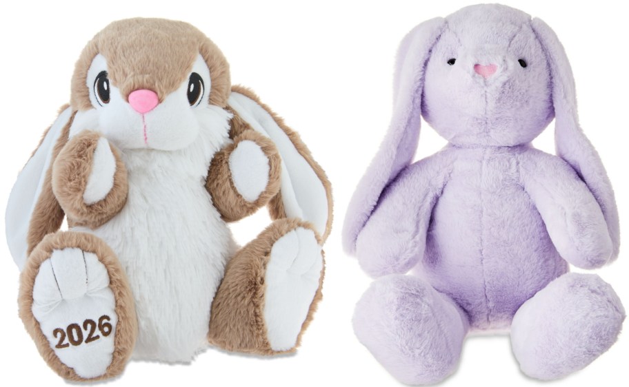 Two plush bunny toys are pictured. The left one is brown and white with "2026" on its foot, while the right one is all lavender. Both have floppy ears and cute expressions.