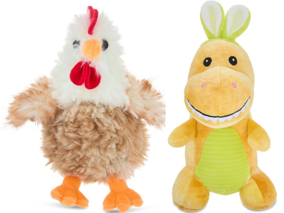 Two plush toys are side by side: a fluffy brown and white chicken with red accents and a smiling yellow dinosaur with green belly and ears.