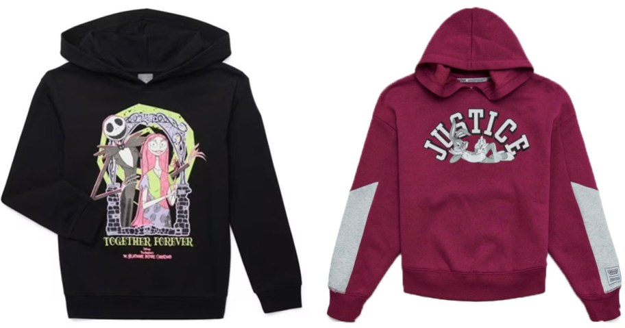 black nightmare before christmas and maroon looney toons graphic hoodies