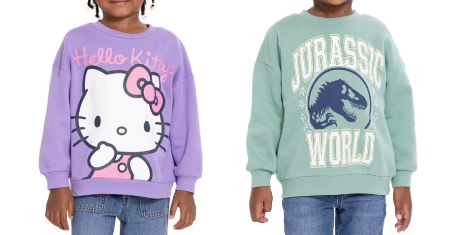 kids wearing hello kitty and jurassic park sweatshirts