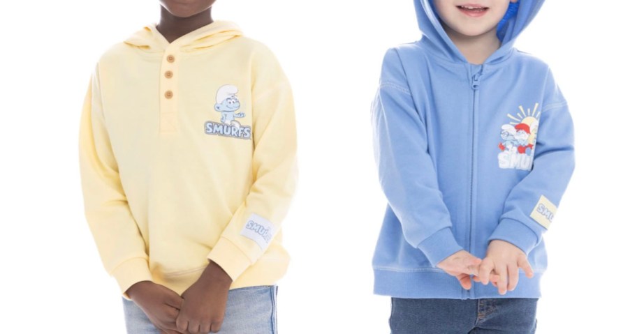 two boys wearing yellow and blue hoodies