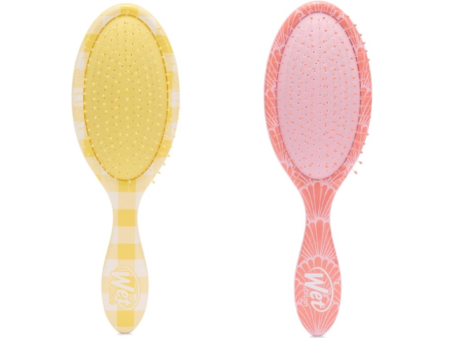 yellow and pink wet detangling brushes
