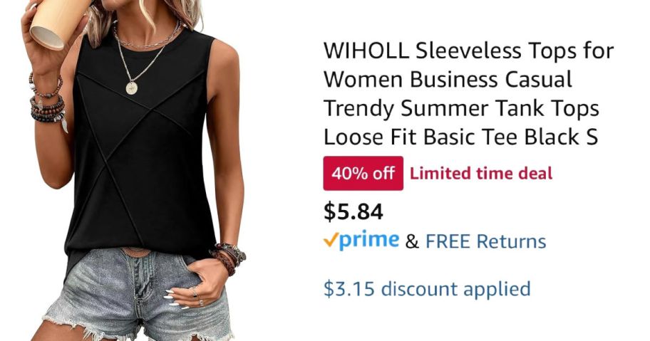 woman wearing black tank top next to Amazon pricing information