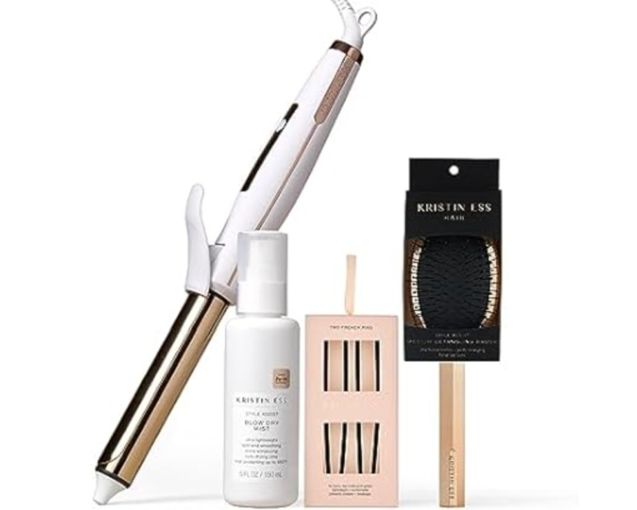 curling iron, heat spray, brush, and pins