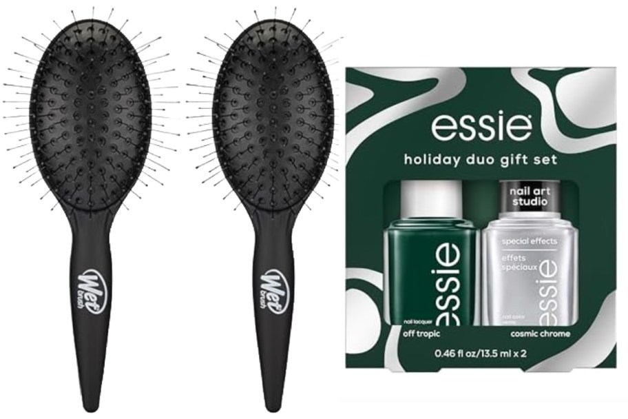two black hairbrushes and green nail polish gift set