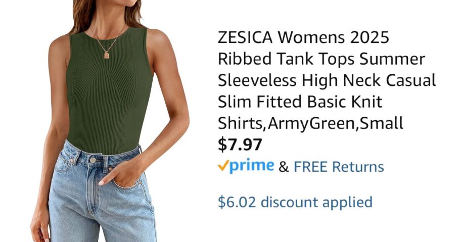 woman wearing green tank top next to Amazon pricing information