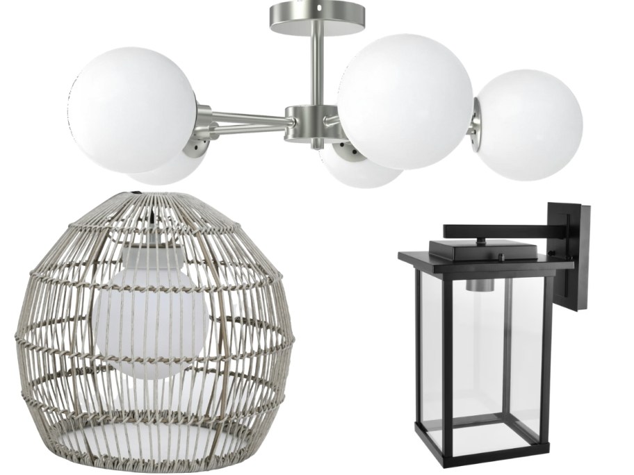 a ceiling light, a rattan outdoor pendant light, and a black metal and glass porch light