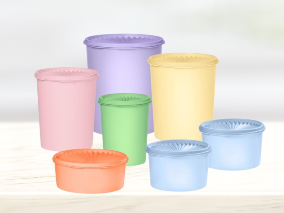 a colorful set of Tupperware containers