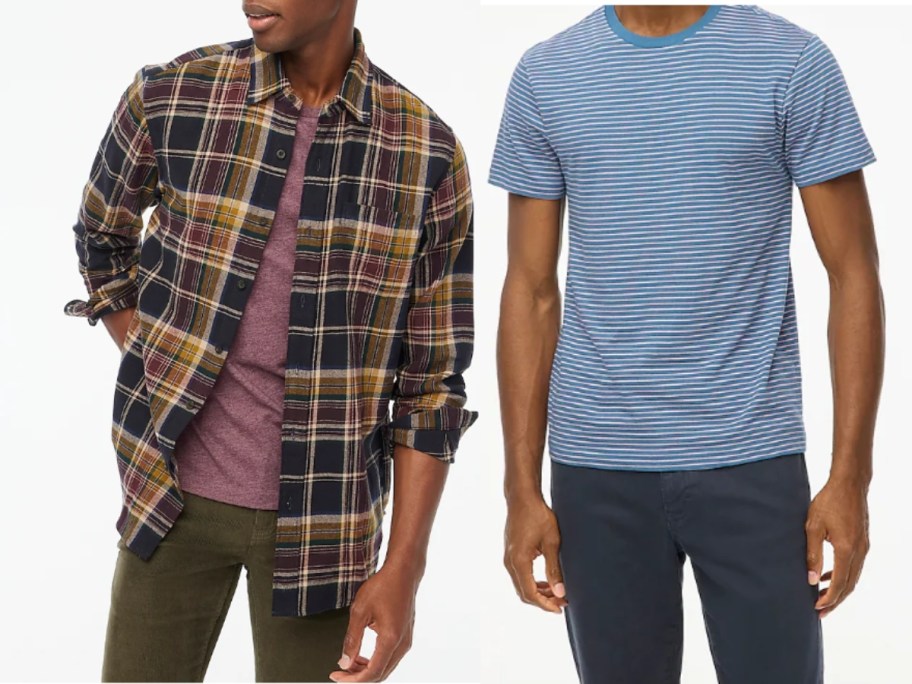 A man wearing a lattice button -down shirt and a blue striped t -shirt