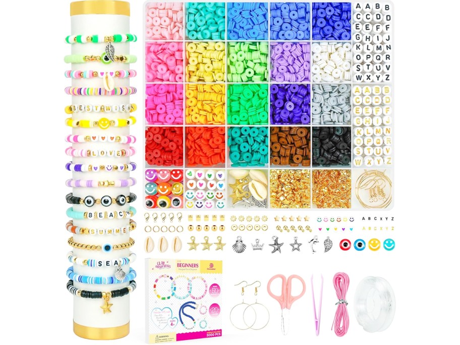 Bracelet making kits with various colors of beads, charms and accessories