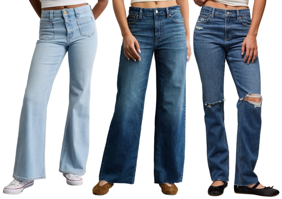 AE Women's Stretch High-Waisted Flare Jeans, Dreamy Drape Stretch Super High-Waisted Baggy Wide-Leg Jeans, Stretch Ripped Super High-Waisted Straight Jeans