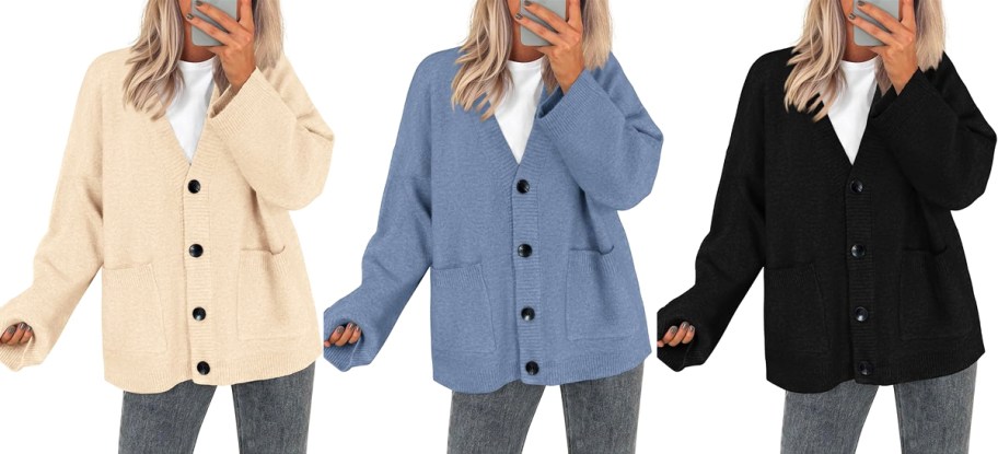 three women modeling cream, blue, and black cardigans