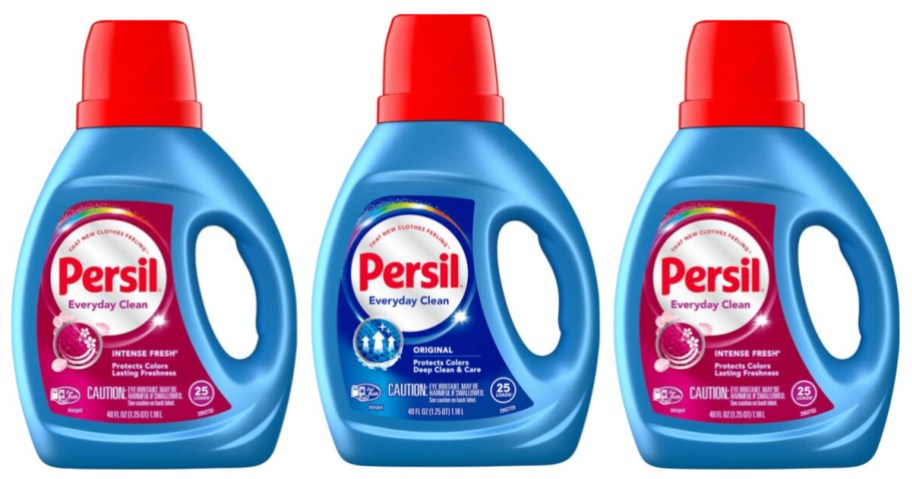 three bottles of laundry detergent