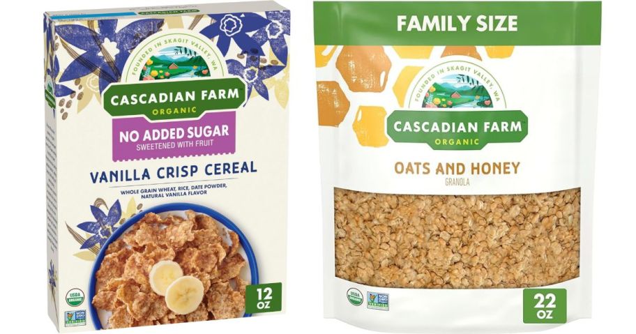 A box of cereal and a bag of granola