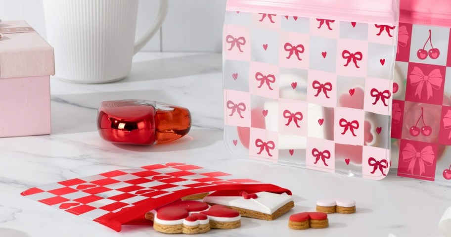 cook with color valentine's day reusable snack bags on counter with cookies